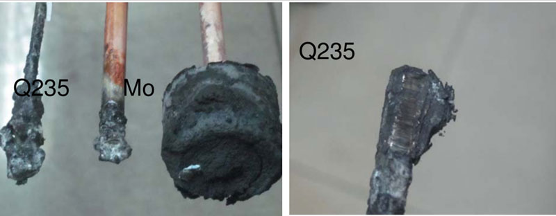 A two-panel image comparing the appearance of deposits on different metal rods, labeled Q235 and Mo, after an experiment.