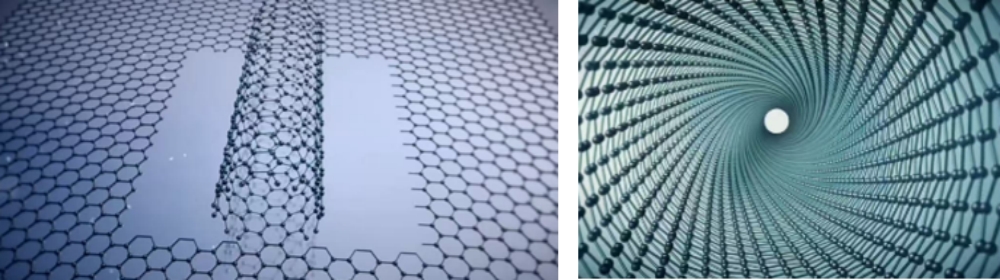 A CHJT collage of single-walled carbon nanotubes (SWCNTs), combining various electron microscope images with 3D models of their atomic structure.
