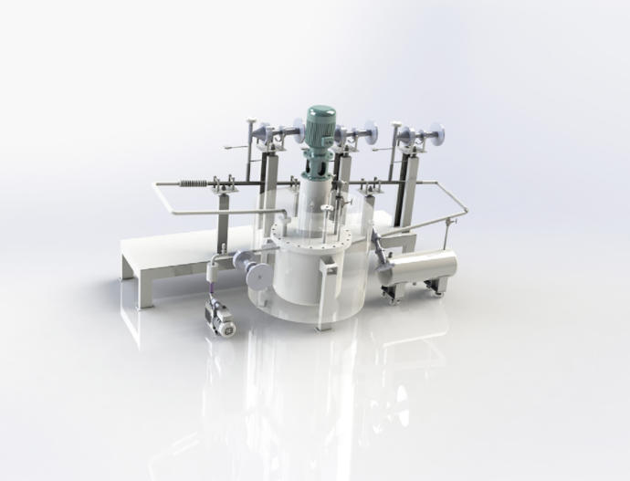 3D visualization of a vertical reactor system equipped with a mixing motor, piping network, and circulation pump.